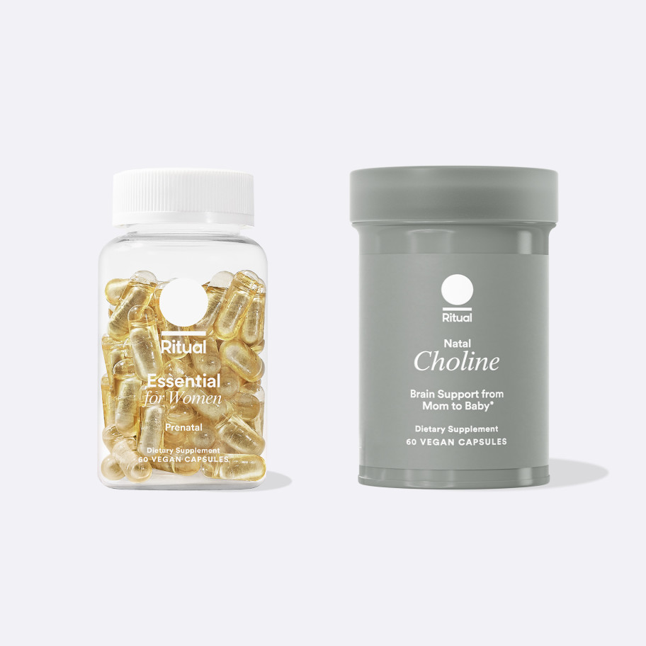 A bottle of Essential Prenantal next to a bottle of Natal Choline