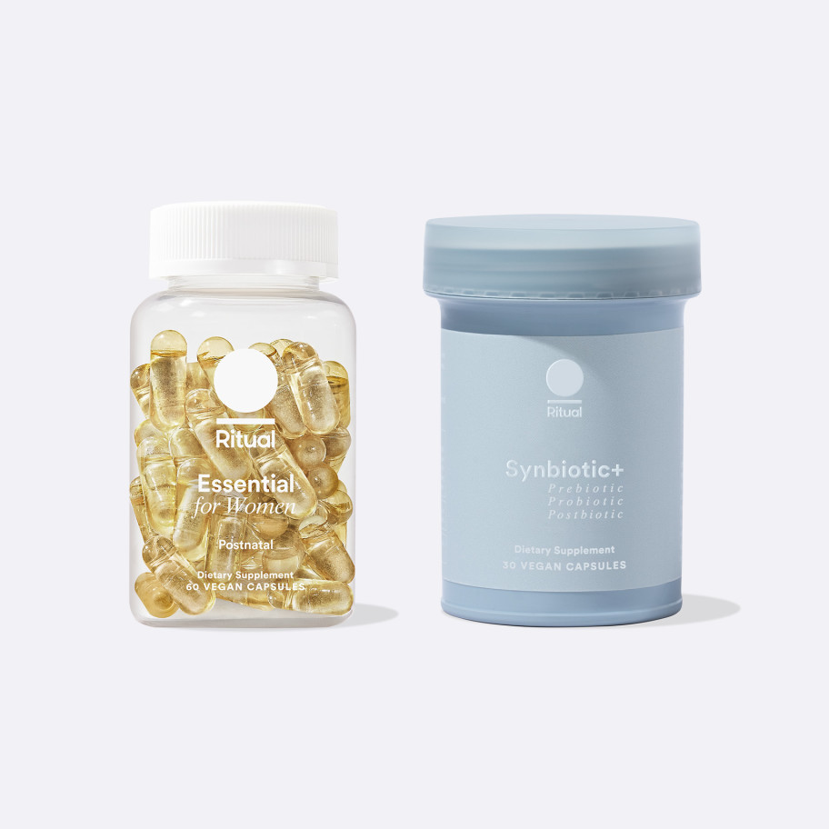 A bottle of Essential Postnatal next to a bottle of Synbiotic+