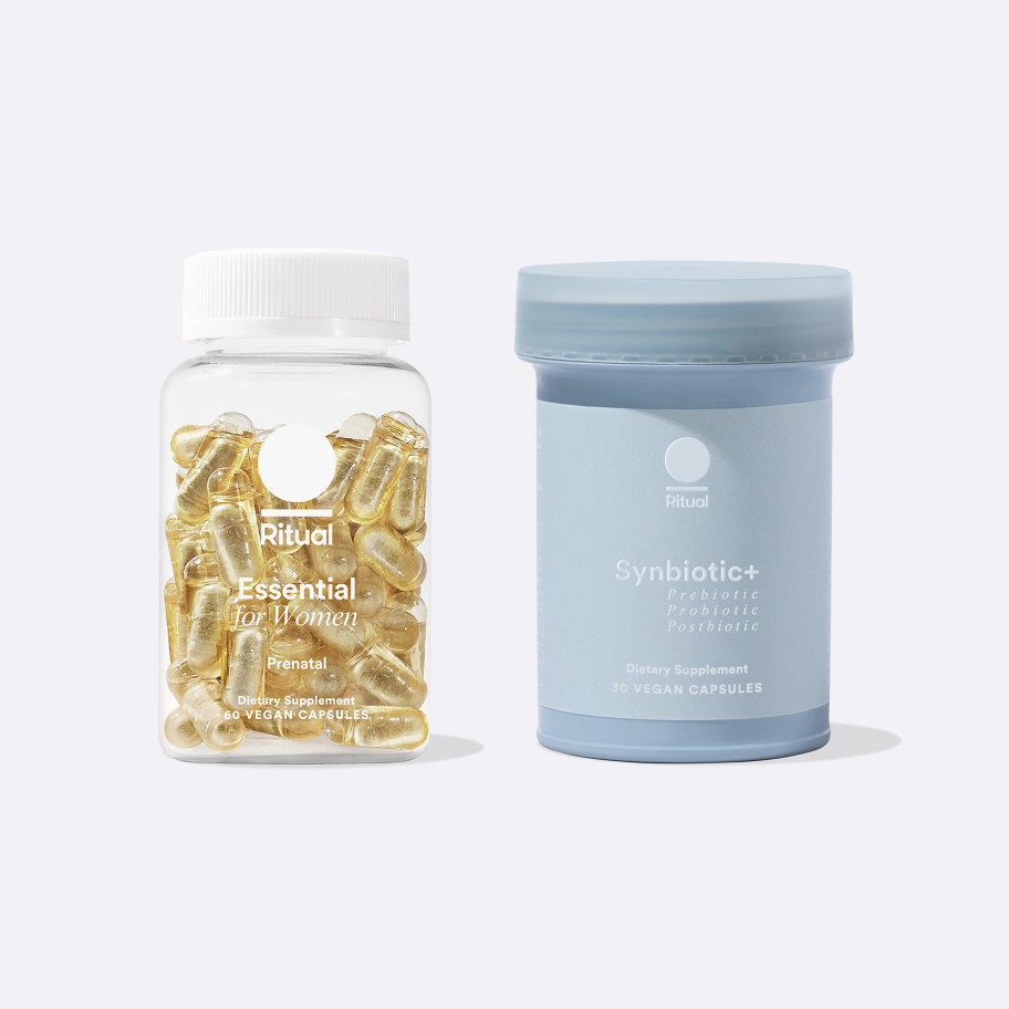 A bottle of Essential Prenatal next to a bottle of Synbiotic+